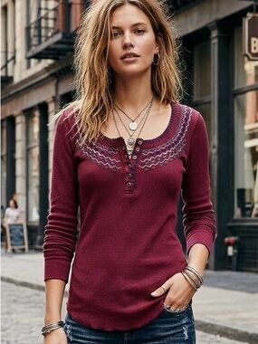 Free People Fair Isle Embroidered Burgundy Waffle Knit Henley Thermal Top